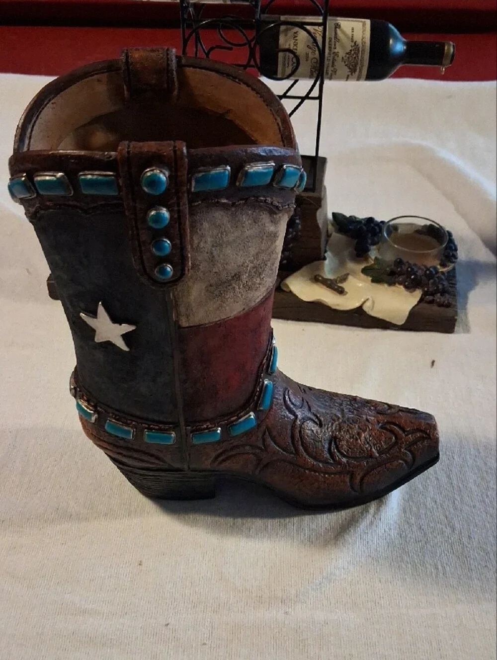Decorative Western Boot Vase in Brown with Turquoise Accents